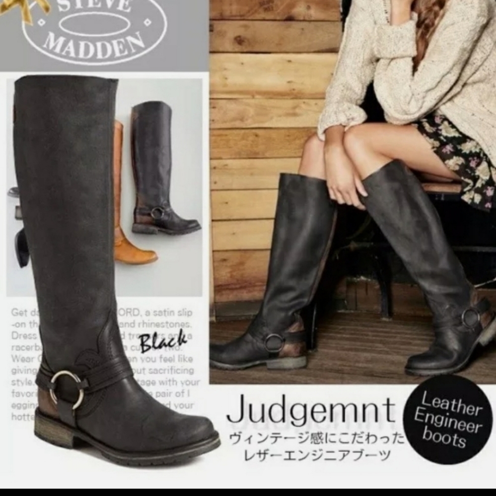 STEVE MADDEN NWT REAL LEATHER JUDMENT COMBAT KNEE HIGH BADAZZ BOOTS SIZE 8.5